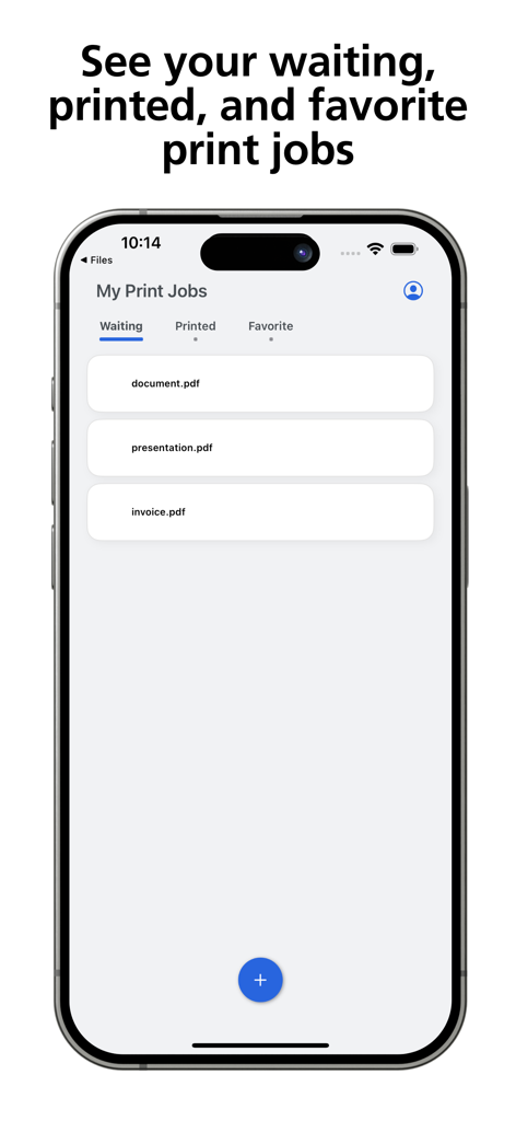 RICOH CloudStream - RICOH CloudStream app screen showing the My Print Jobs list with tabs for waiting, printed, and favorite documents