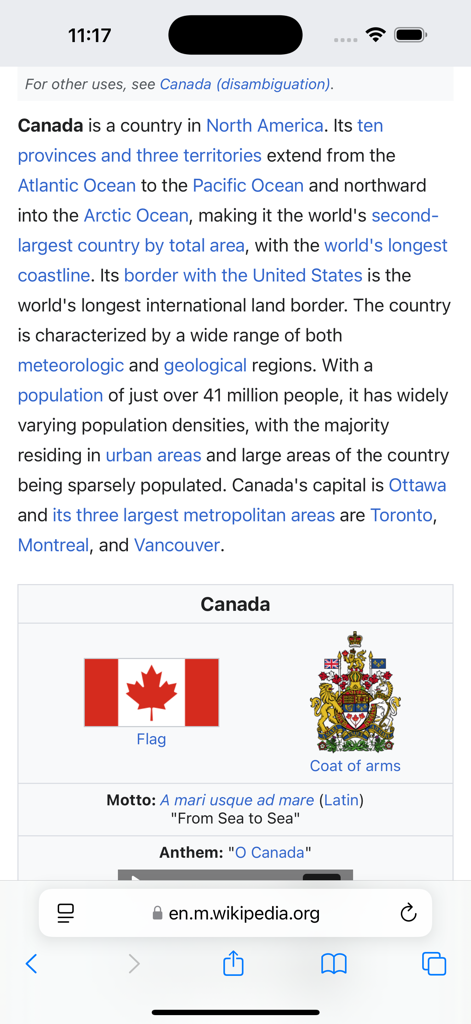 AI Translate for Safari - Safariブラウザで開かれたカナダに関するWikipediaページのモバイルスクリーンショット