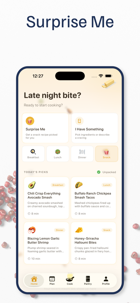 The home screen of the Butter app featuring personalized quick recipe suggestions and a surprise me meal option.