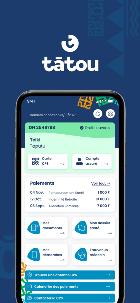 Pantalla de inicio de la aplicación móvil Tatou que muestra los detalles de la cuenta de seguridad social y el historial de pagos