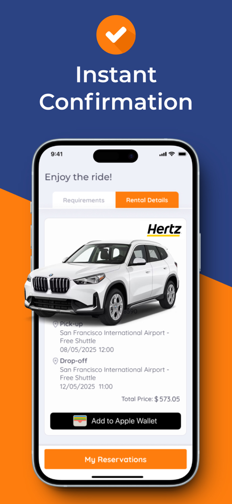 Pantalla de la aplicación móvil que muestra una reserva confirmada de Hertz con la opción de añadir a Apple Wallet