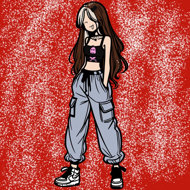 girl in baggy pants crop top and long hair