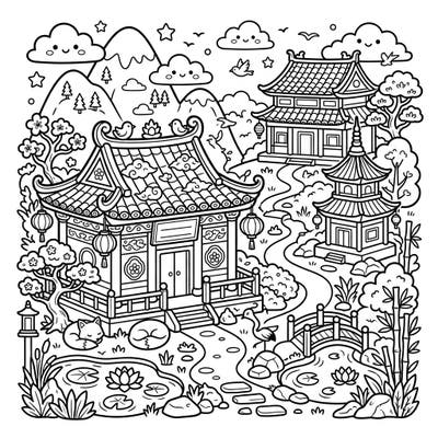 Discover the serene beauty of traditional Taoist temples reimagined in an adorable kawaii style. This delightful coloring page invites you to a peaceful Asian landscape filled with intricate details and charming characters.