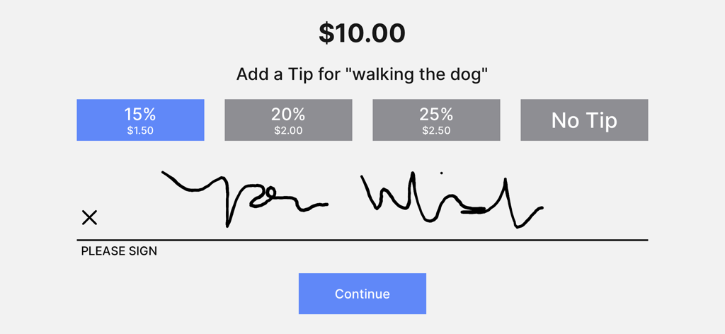 Satirical digital point of sale screen asking for a tip for walking the dog with a sarcastic signature