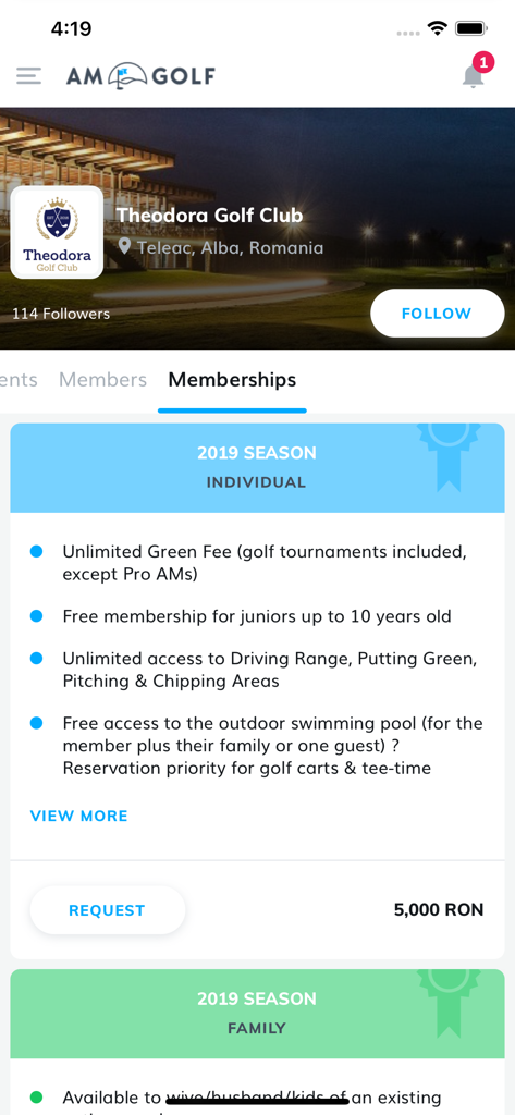 AM Golf - AM Golf app interface showing membership options for Theodora Golf Club including individual and family plans with detailed benefits.