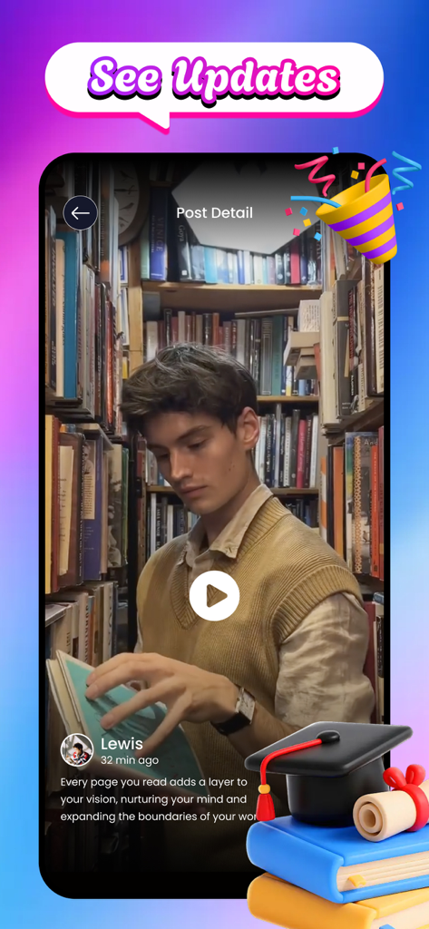 Vilo: Record & Explore More - Pantalla de smartphone que muestra una publicación de usuario en la aplicación Vilo con una persona leyendo en una biblioteca con una cita inspiradora.