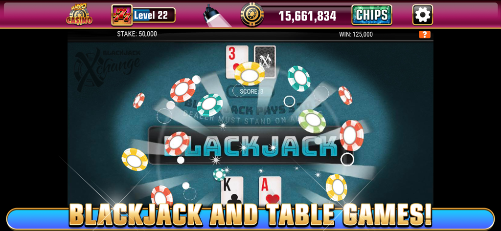 Blackjack table game screen in Slingo Casino with flying chips and playing cards
