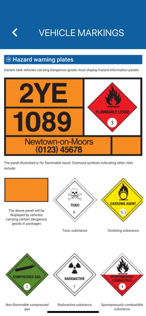 Turks & Caicos Driving Theory - A screen from the Turks and Caicos Driving Theory app illustrating various vehicle hazard warning plates and symbols