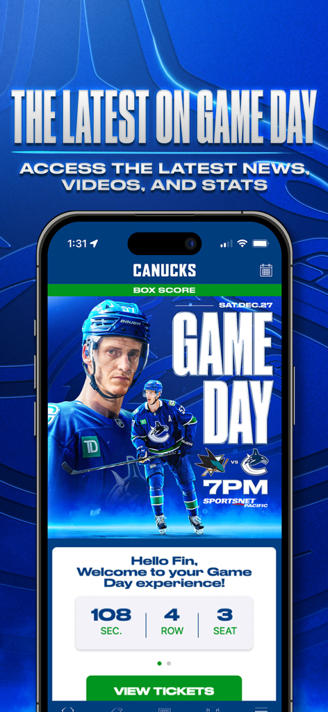 Canucks - Vancouver Canucks app game day screen showing news stats and mobile ticket management