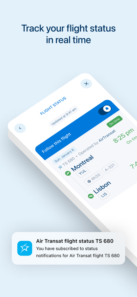 L'interface de l'application Air Transat affiche le suivi en temps réel de l'état des vols et les notifications.