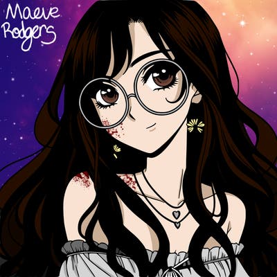 anime hippy woman, beautiful, long dark hair and round glasses