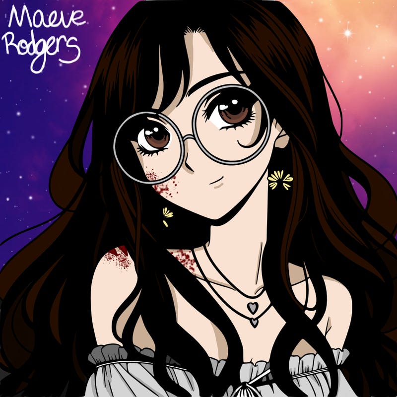 anime hippy woman, beautiful, long dark hair and round glasses