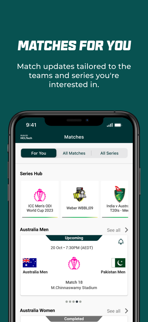 Cricket Australia Live app screen showing personalized match updates and upcoming fixtures for Australia Men and Women