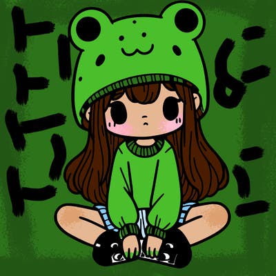 a girl wearing a frog hat and some frog socks