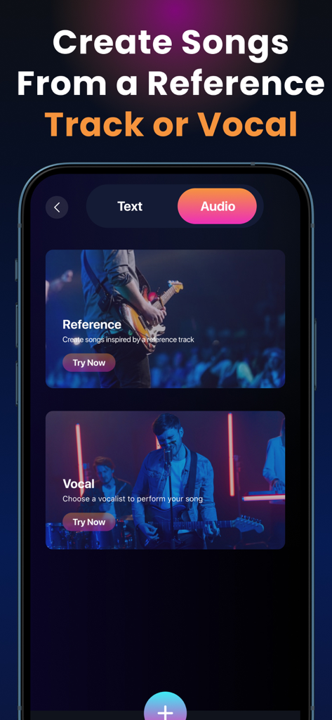 Interfaccia dell'app Suno AI che mostra opzioni per creare musica da tracce di riferimento o registrazioni vocali