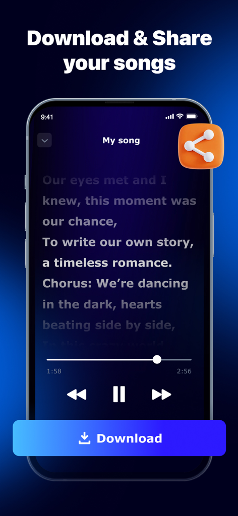 AI Song Generator: Music Maker - A mobile interface for downloading and sharing AI-generated songs with lyrics on the screen.