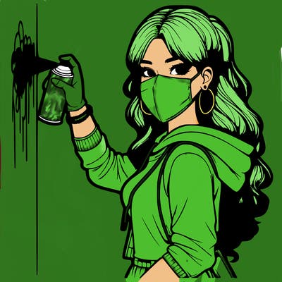 realistic girl with mask spray painting a wall