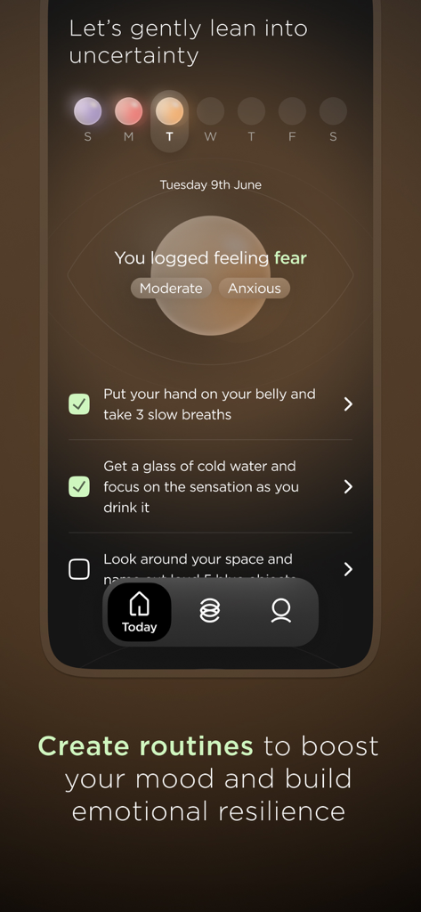 Nebbi App - Nebbi app interface showing daily micro-tasks to build emotional resilience and manage anxiety
