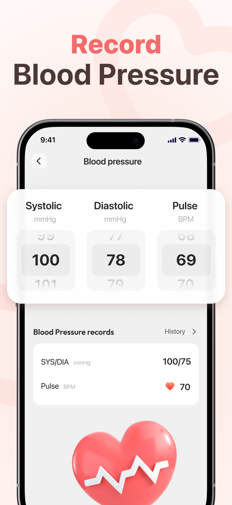 ACE Blood Pressure Monitor - Interfaz de la aplicación Monitor de Presión Arterial ACE para registrar la presión arterial sistólica y diastólica y la frecuencia del pulso