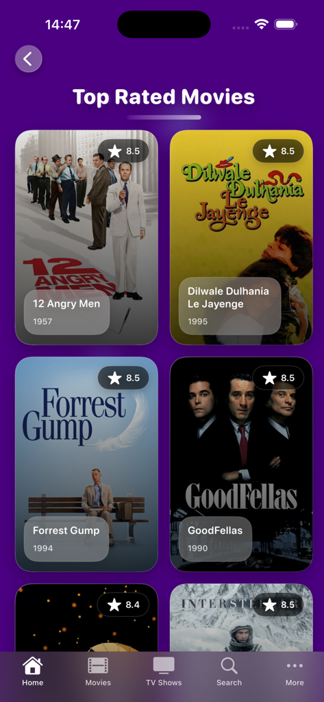 CinesPhere Movies and TV Shows - A modern mobile app interface showing a curated grid of top rated movies with user ratings and release years.