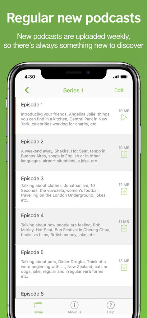 LearnEnglish Podcast - A mobile screen showing a list of British Council English learning podcast episodes with download options