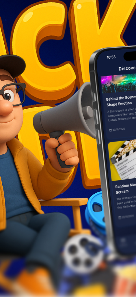 CineVerses - CineVerses app Discover screen showing movie articles and a cinematic 3D character holding a megaphone.