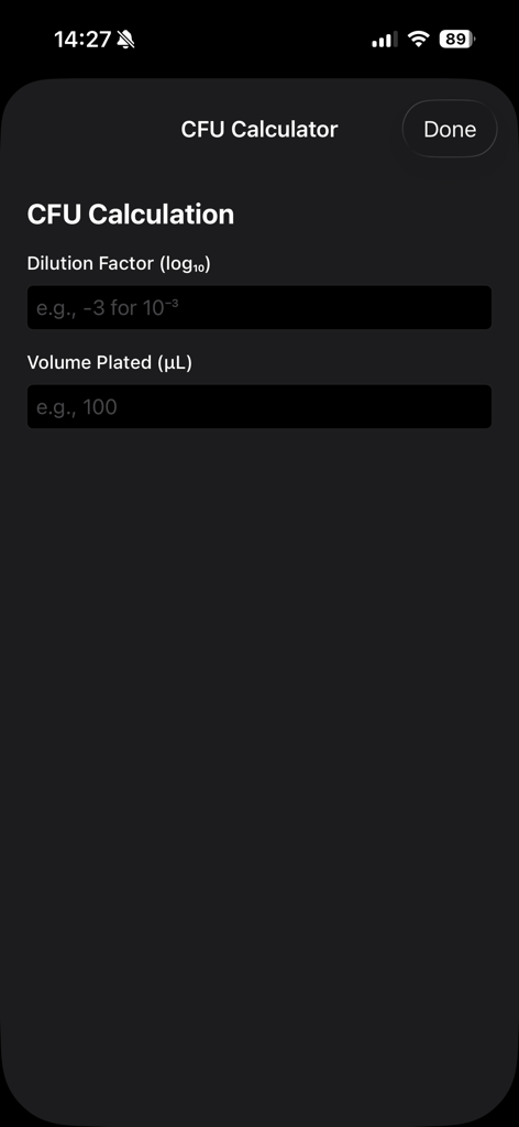 Colony Counter PRO - Colony Counter PRO CFU calculator screen showing dilution factor and volume plated input fields