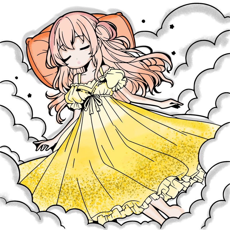 anime girl in long dress falling asleep while falling in  the clouds
