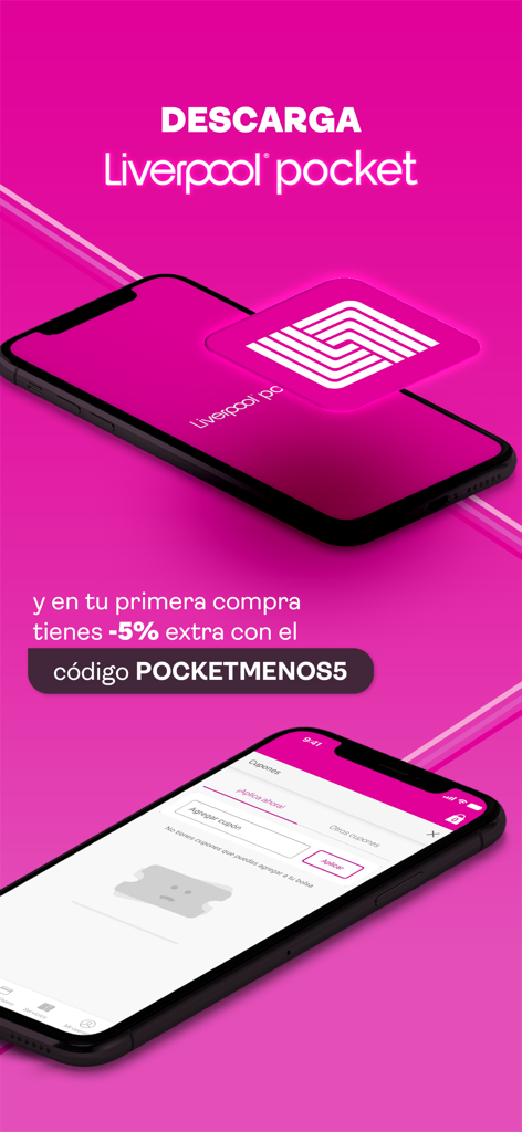 Promotional screen for the Liverpool Pocket app featuring a five percent discount code for first purchases and the coupon entry interface on a smartphone