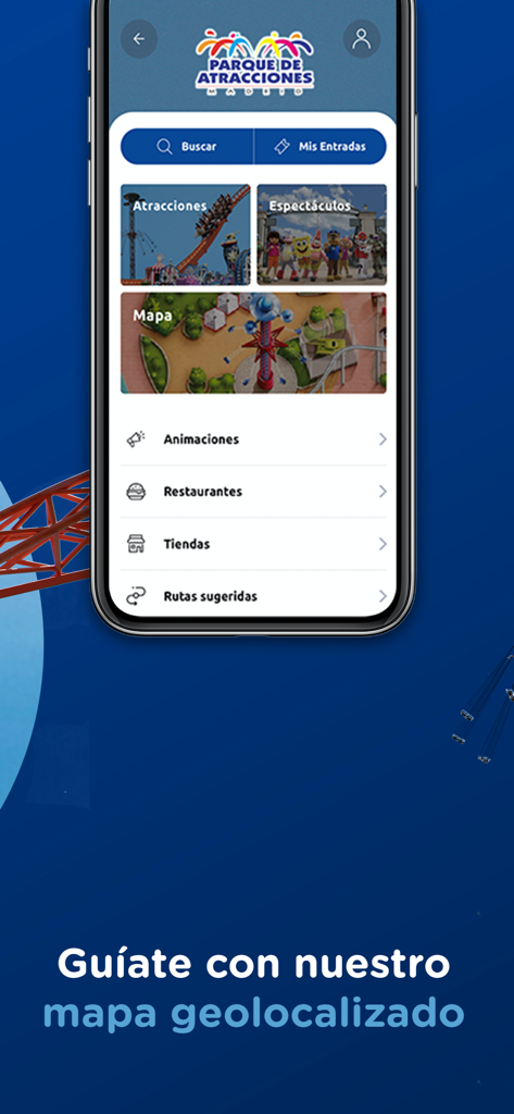 Parque de Atracciones Madrid - Menu principal do aplicativo móvel Parque de Atrações Madrid mostrando categorias de navegação para atrações, shows e um mapa geolocalizado
