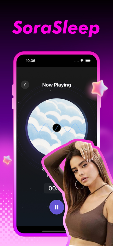 SoraSleep mobile app interface showing the Now Playing screen for relaxation sounds