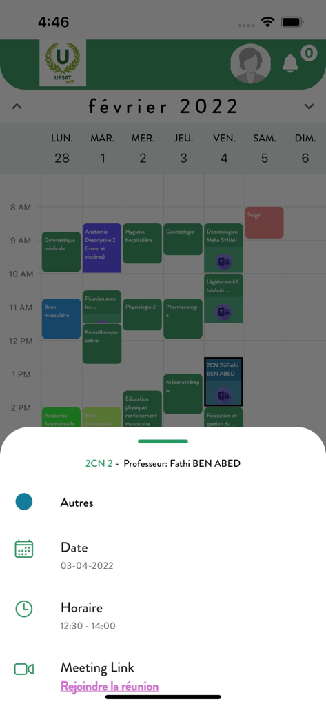 MyU By Honoris - Student schedule view in MyU By Honoris app showing course details and virtual meeting link