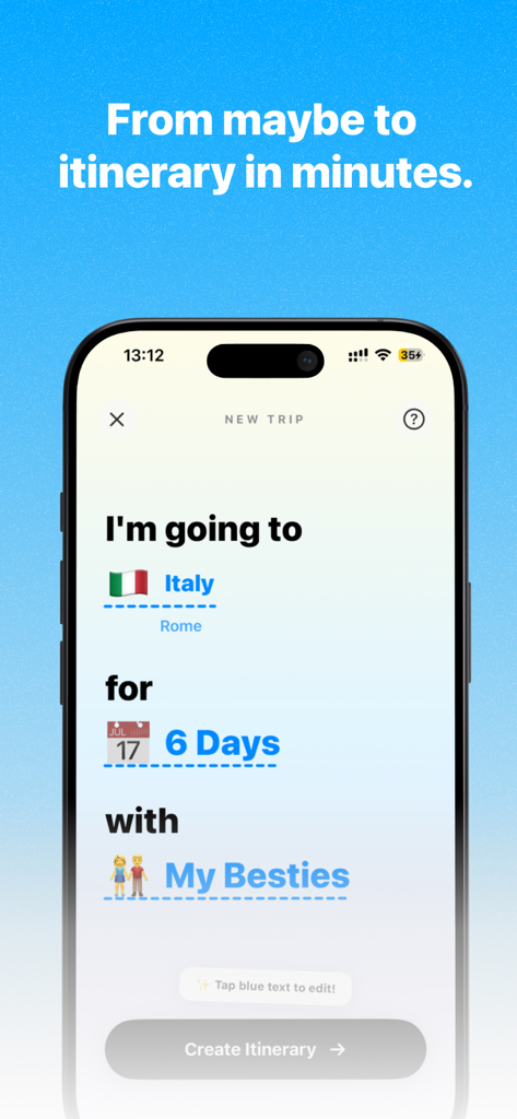 Vacay: Find Spots, Plan Trips - Interface do aplicativo Vacay mostrando a configuração de uma nova viagem para uma viagem de seis dias à Itália com amigos