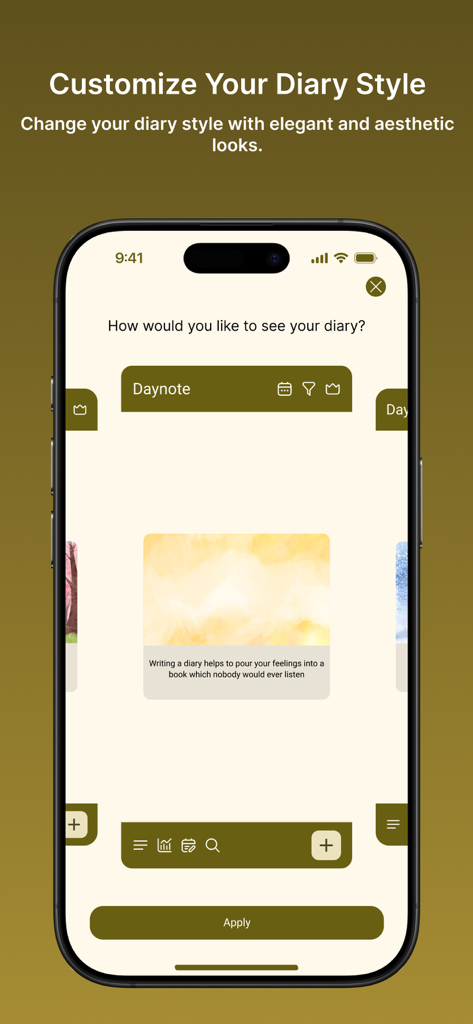 Daynote : Diary with Password - Daynote app screen showing elegant and aesthetic diary theme customization options