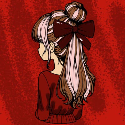 realistic girl  with hip length hair a bun and a big bow on the back of head