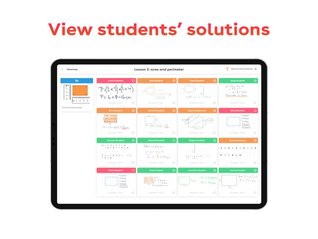Magma Math - Teacher view in Magma Math app displaying a grid of students handwritten solutions for a math lesson on an iPad