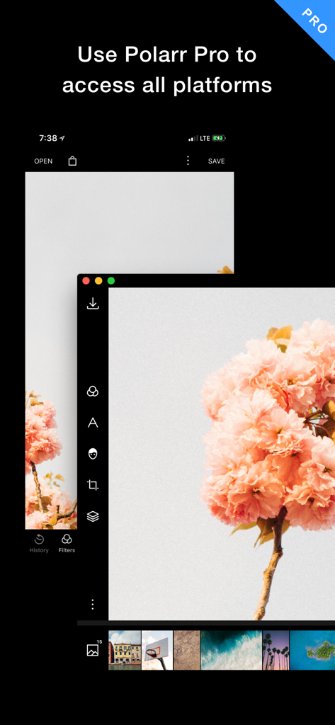 Interface of Polarr Pro Photo Editor showing synchronization across mobile and desktop platforms with professional editing tools.