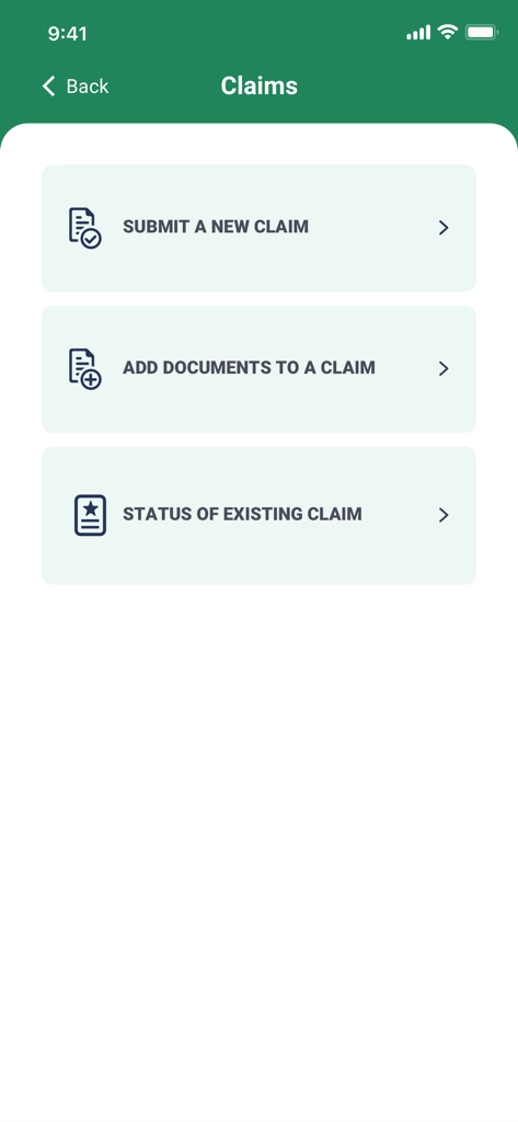 Manulife TravelAid - Manulife TravelAid app screen showing options to submit a new claim, add documents, or check claim status.