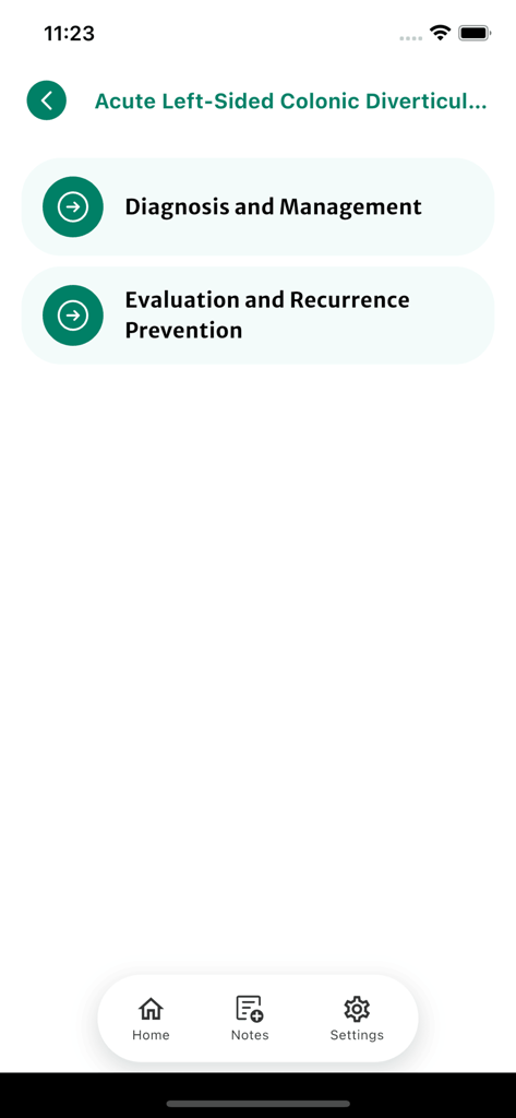 ACP Clinical Guidelines - ACP Clinical Guidelines app menu for acute left-sided colonic diverticulitis diagnosis and management