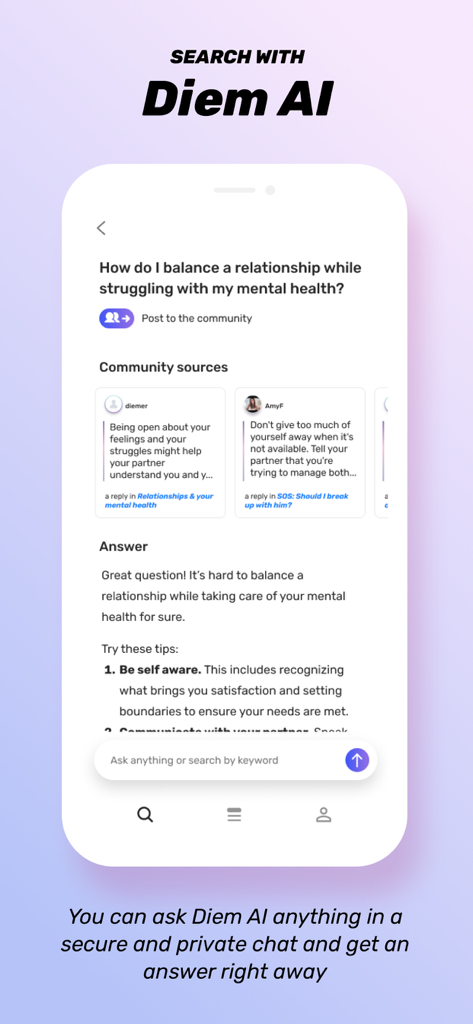 Diem app interface featuring AI search results and community advice for personal health and relationship questions