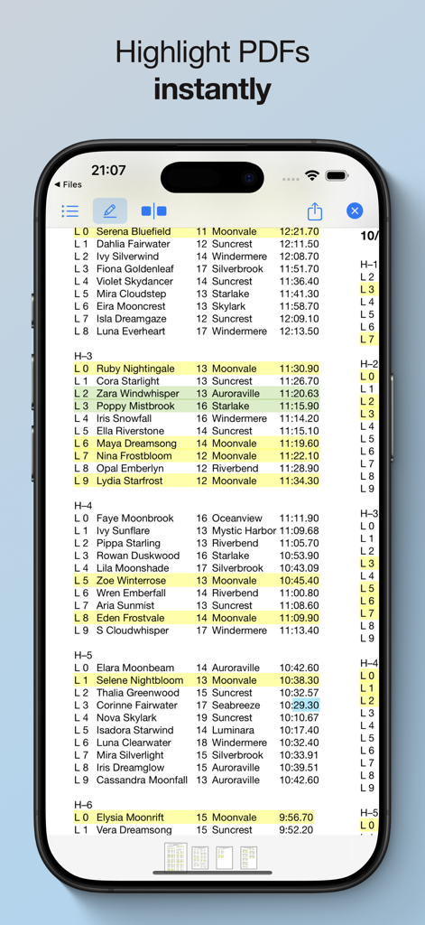 PDF Highlighter - 黄色と緑でハイライトされたスイムミートのヒートシートが表示されているPDFハイライターアプリのiPhoneスクリーンショット
