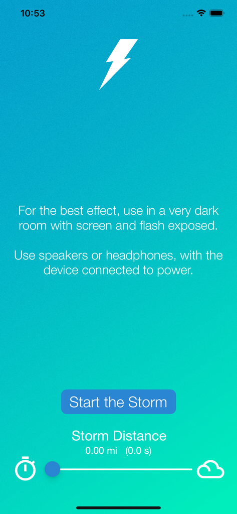 Lightning Simulator - Lightning Simulator app interface showing the Start the Storm button and storm distance slider