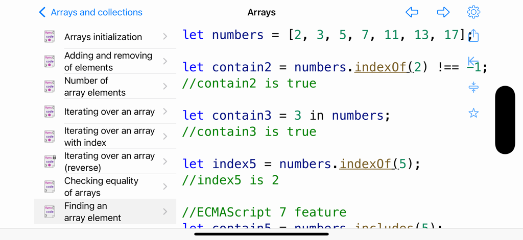 A coding app interface showing JavaScript recipes for finding elements in an array