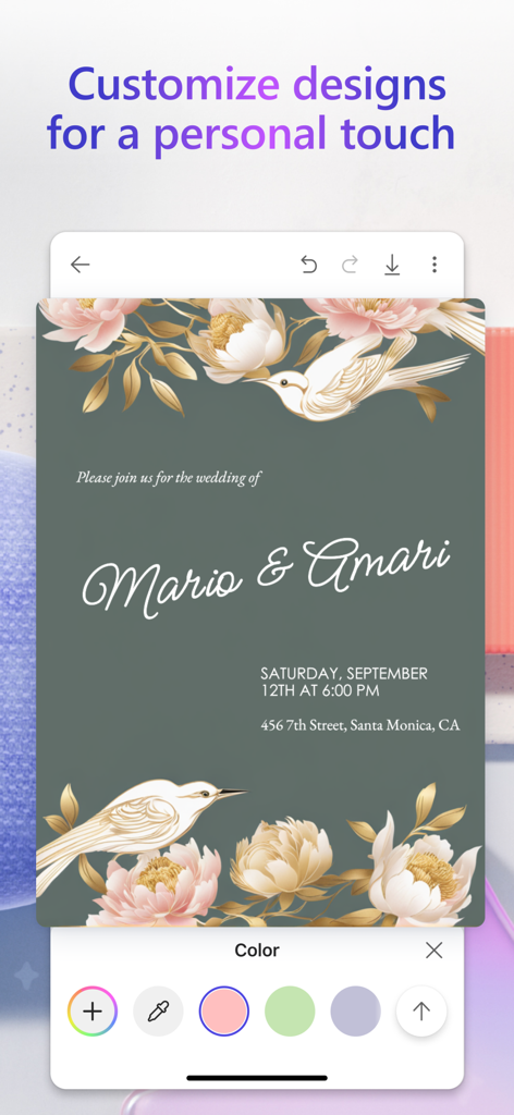 Modifica di un invito di matrimonio personalizzato nell'app Microsoft Designer con illustrazioni floreali e di uccelli e uno strumento per la selezione della palette di colori