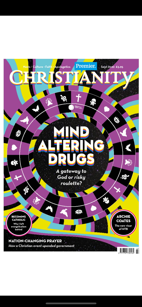 Premier Christianity magazine cover featuring a psychedelic design and a headline about mind altering drugs