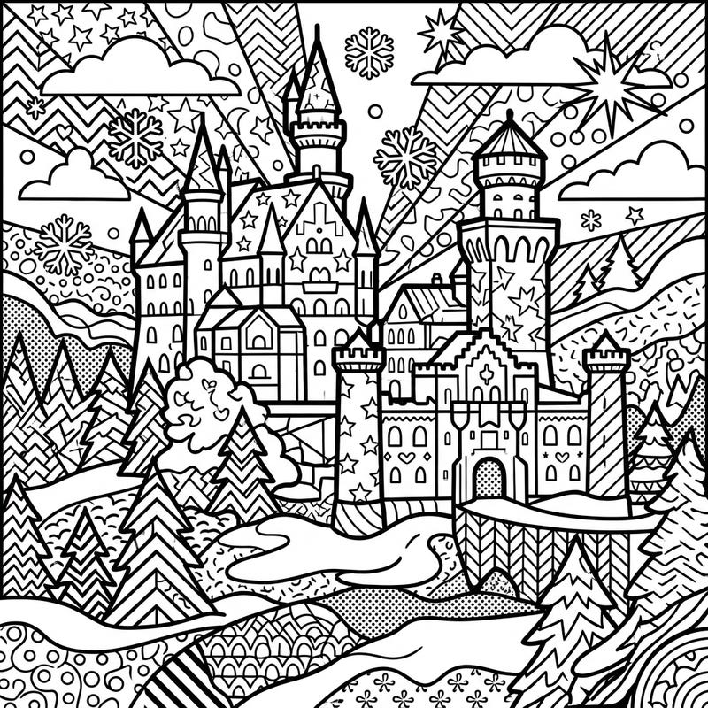 Step into a whimsical winter wonderland with this captivating Pop Art Winter Palace coloring page. Its striking design and playful patterns offer a truly unique and engaging artistic journey.