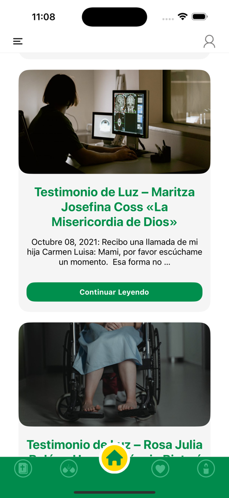 Interfaz de la app Revista Rayo de Luz mostrando un feed de testimonios personales de fe con fotos y artículos en español