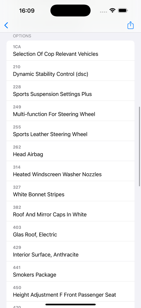 VIN decoder for BMW, MINI, RR - Eine detaillierte Liste der werksseitigen Ausstattungs- und Optionscodes für ein Fahrzeug in der VIN-Dekoder-App.