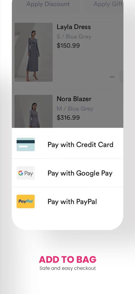 MEAN BLVD - MEAN BLVDモバイルアプリのチェックアウト画面、クレジットカード、Google Pay、PayPalの支払いオプションを表示