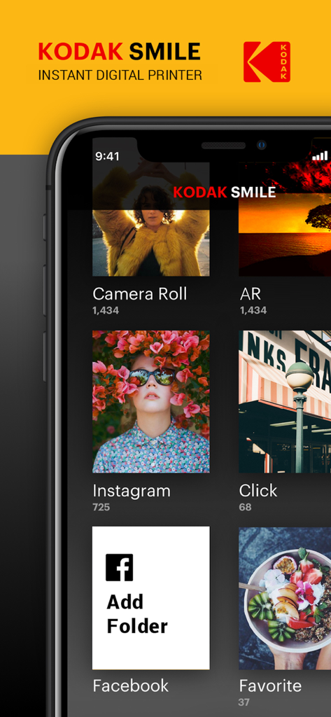 KODAK SMILE - A smartphone screen displaying the KODAK SMILE app gallery with folders for Camera Roll, AR, Instagram, and Facebook.